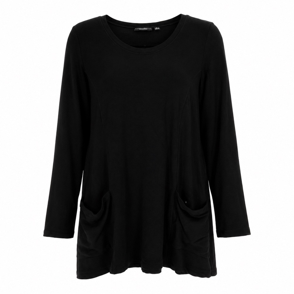 Susan Graver Weekend Women's L Black Tunic Top Pockets Stretch Long Sleeve QVC